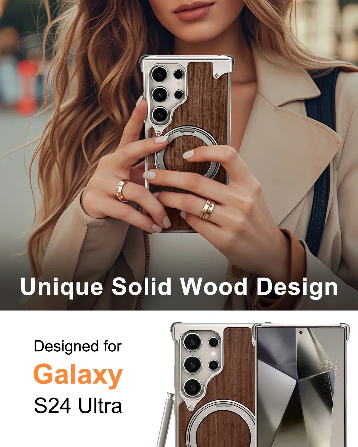 Wood Magnetic Phone Case with 360° Ring Stand for Samsung S25/S24 Ultra - ZILVUS