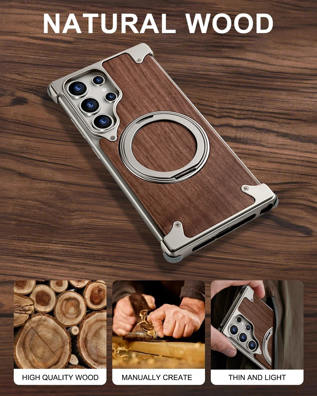 Wood Magnetic Phone Case with 360° Ring Stand for Samsung S25/S24 Ultra - ZILVUS