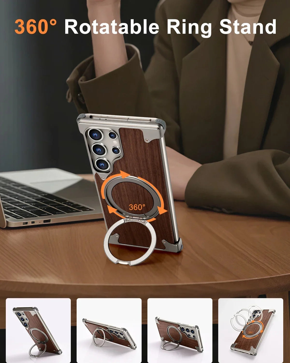 Wood Magnetic Phone Case with 360° Ring Stand for Samsung S25/S24 Ultra - ZILVUS