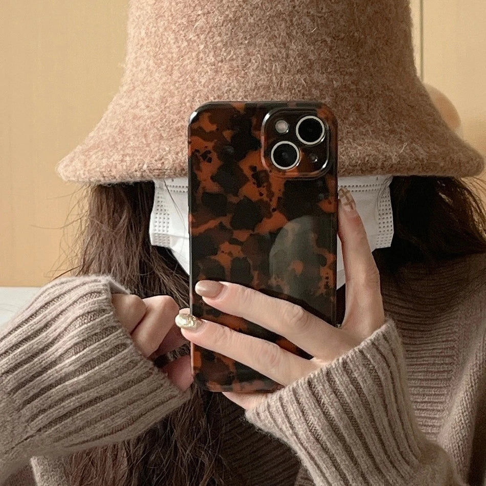Stylish Dark Color Tortoiseshell Amber Soft Glossy Cover Case for iPhone 16 15 14 13 12  Series