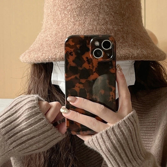 Stylish Dark Color Tortoiseshell Amber Soft Glossy Cover Case for iPhone 16 15 14 13 12  Series