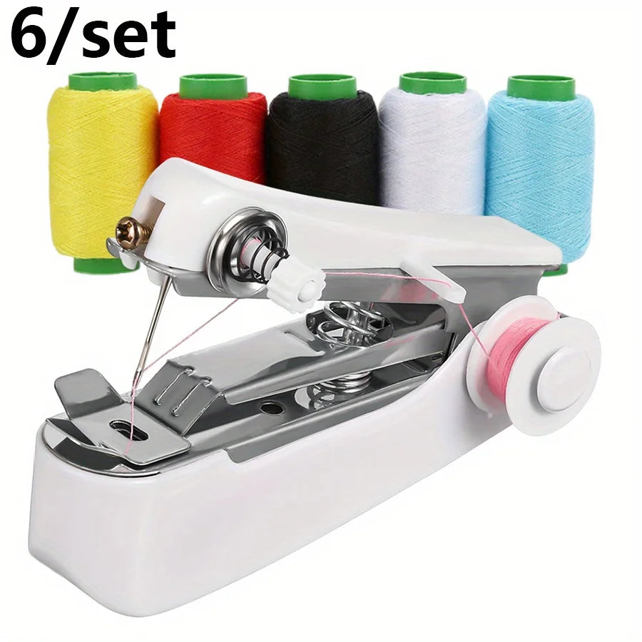 6/set White Mini Handheld Sewing Machine with 5 Spools Colorful Thread Portable Manual Quick Fix for Clothes DIY Crafts JXB - ZILVUS