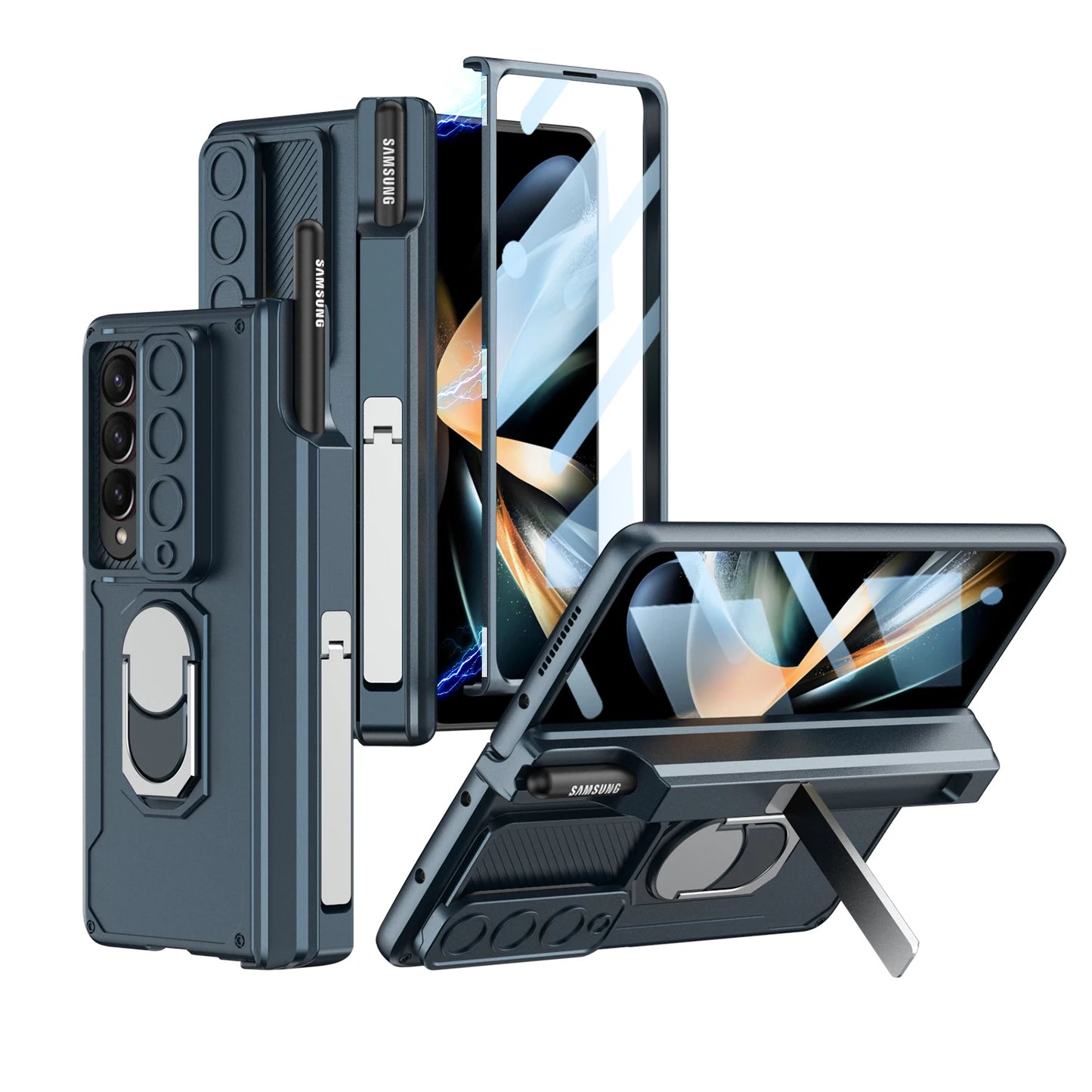 Magnetic Armor Phone Case For Samsung Galaxy Z-Fold-7,5,4 Series With Pen Holder Slide Camera Full Body Rugged Stand Back Cover - ZILVUS