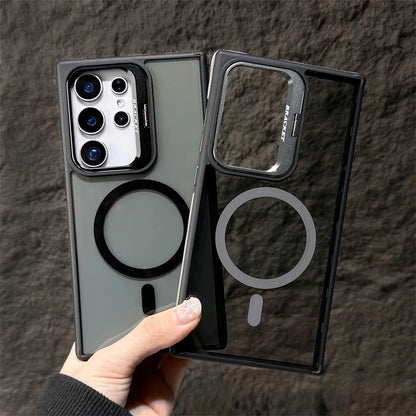 Magnetic Clear Case for Samsung S23/S24/S25 Series – Foldable Lens Stand & Magsafe Wireless Charging Cover - ZILVUS