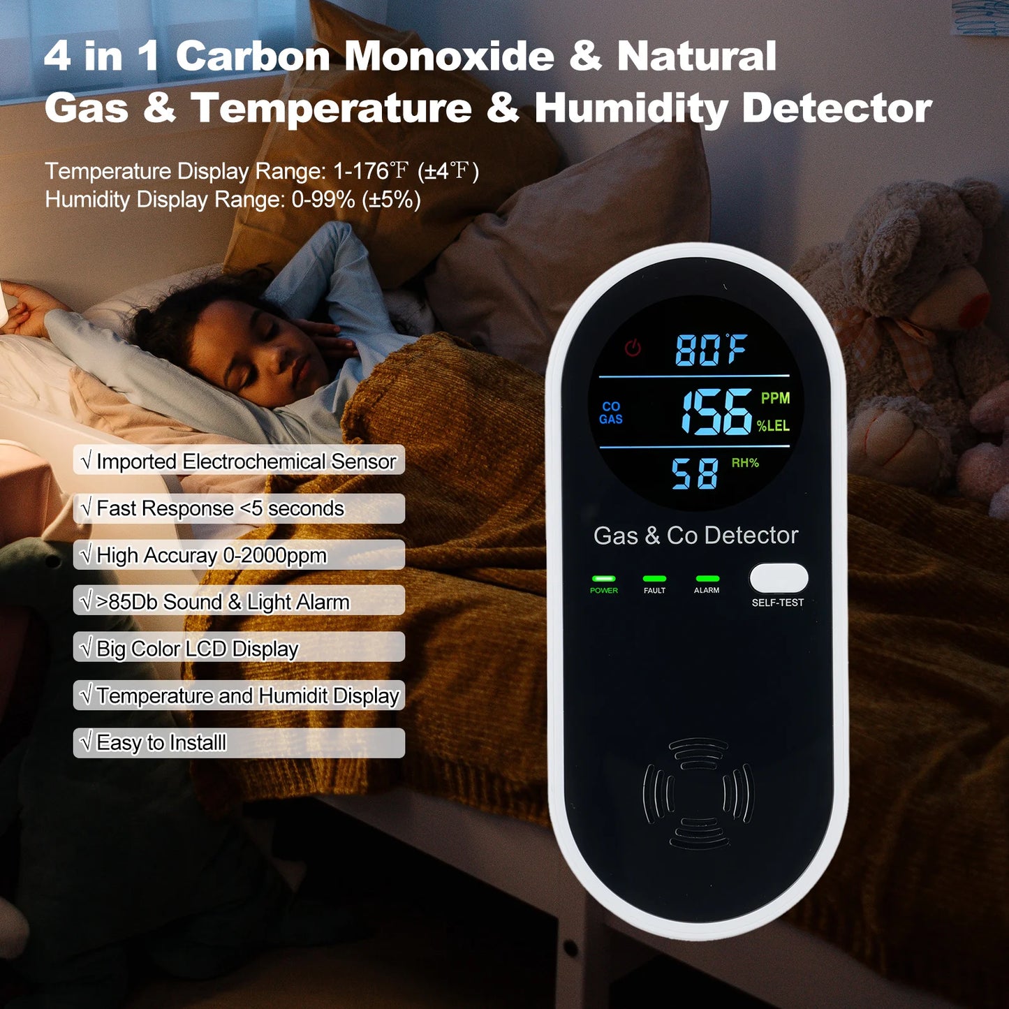 4-in-1 Carbon Monoxide & Gas Detector with LCD Display