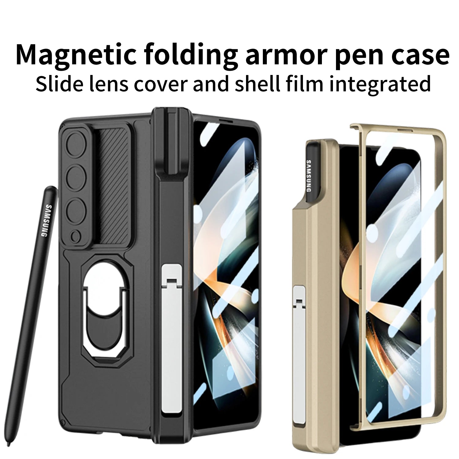 Magnetic Armor Phone Case For Samsung Galaxy Z-Fold-7,5,4 Series With Pen Holder Slide Camera Full Body Rugged Stand Back Cover - ZILVUS