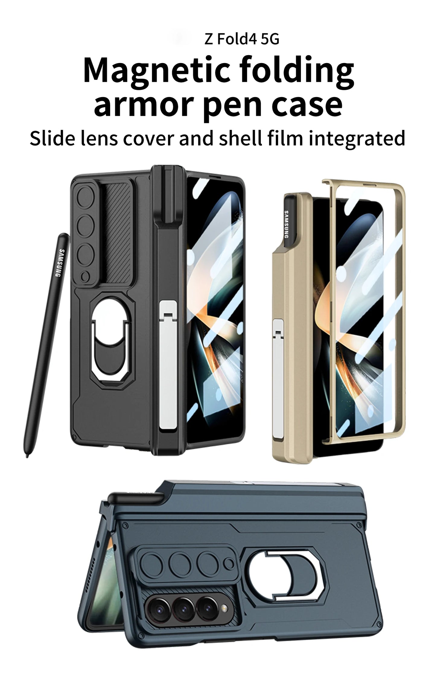 Magnetic Armor Phone Case For Samsung Galaxy Z-Fold-7,5,4 Series With Pen Holder Slide Camera Full Body Rugged Stand Back Cover - ZILVUS